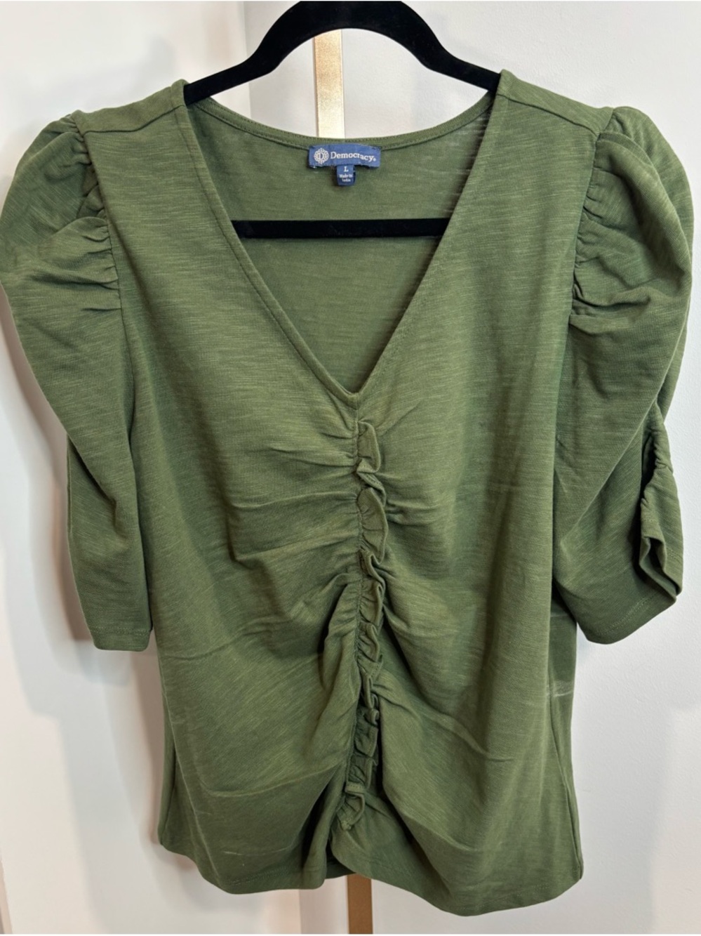 Democracy Olive Green Ruched V-Neck Puff Sleeve Top - Picture 2 of 2